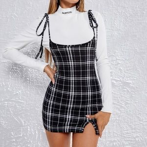 SHEIN Knot Shoulder Split Hem Plaid Overall Dress, Black and White, S